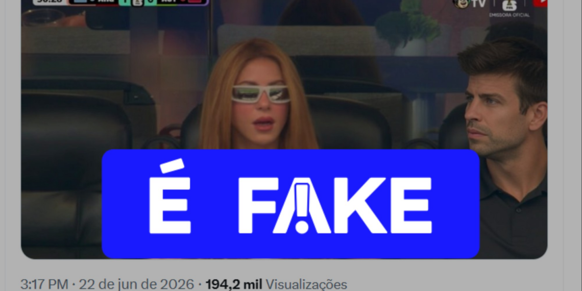 É #FAKE que foto mostre Shakira com Piqué na arquibancada de Argentina x Áustria na Copa; imagem foi manipulada por IA