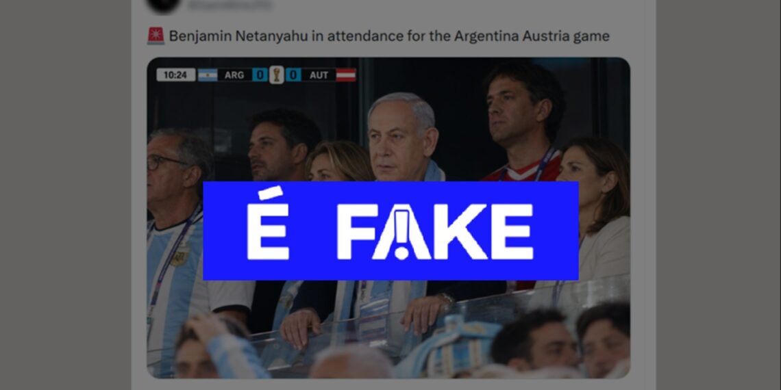 É #FAKE foto de Benjamin Netanyahu na arquibancada de Argentina x Áustria na Copa do Mundo; imagem foi feita com IA