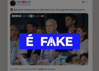 É #FAKE foto de Benjamin Netanyahu na arquibancada de Argentina x Áustria na Copa do Mundo; imagem foi feita com IA