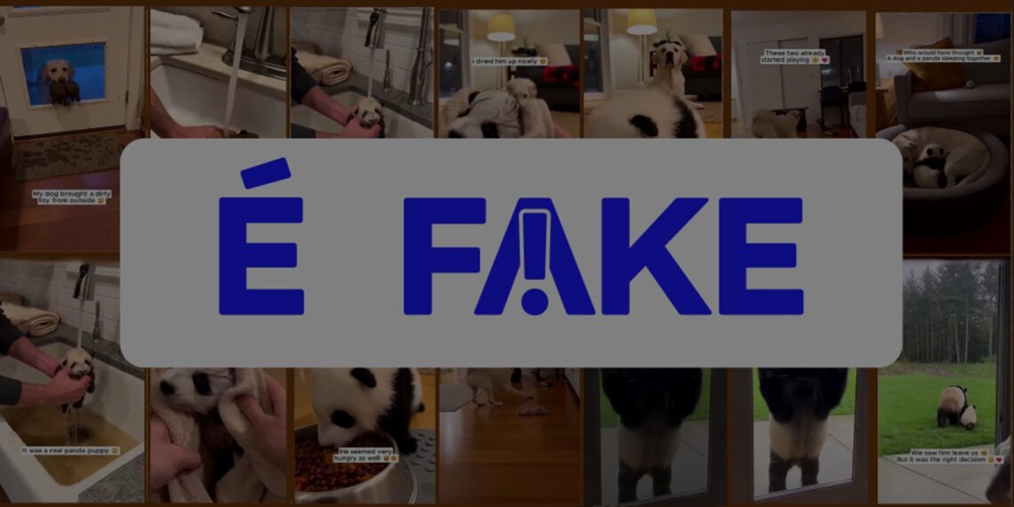 É #FAKE vídeo de cachorro entrando em casa com filhote de panda na boca; cena foi criada com inteligência artificial